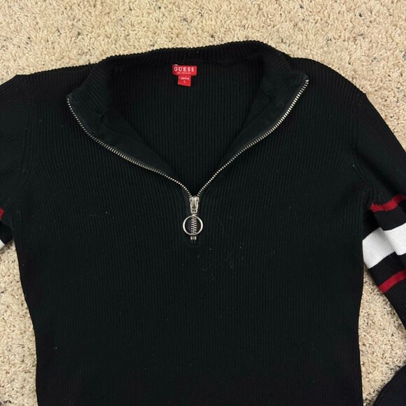 Guess Sweater Women Large Black Red Pullover 1/4 Zip Casual Knit Ladies w Logos - Picture 3 of 8